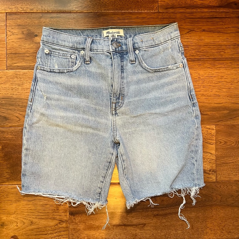 Madewell high rise denim mid-length shorts.